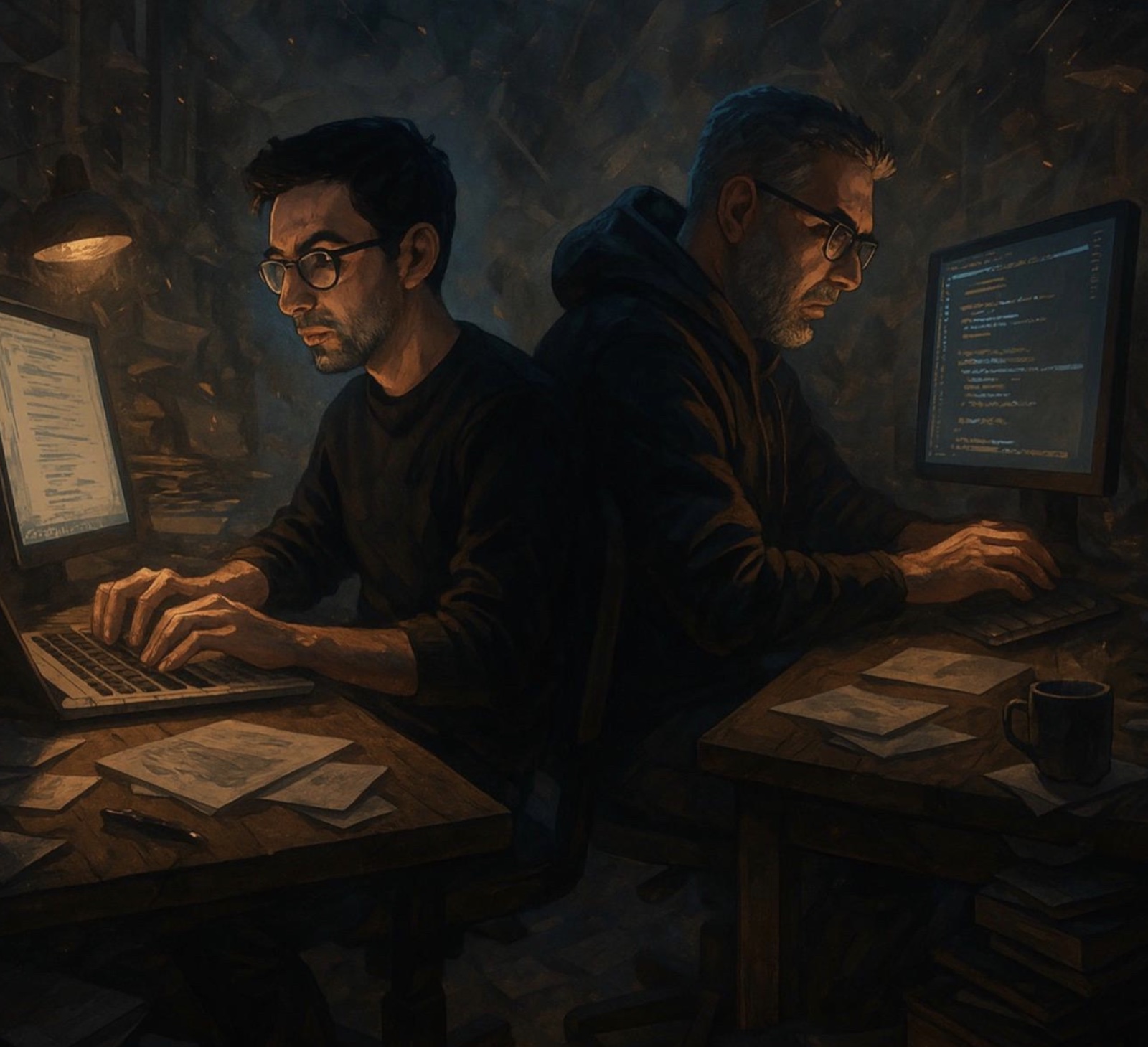 Two engineers building side by side at a wooden desk, lamp light, late hours, dual screens with code